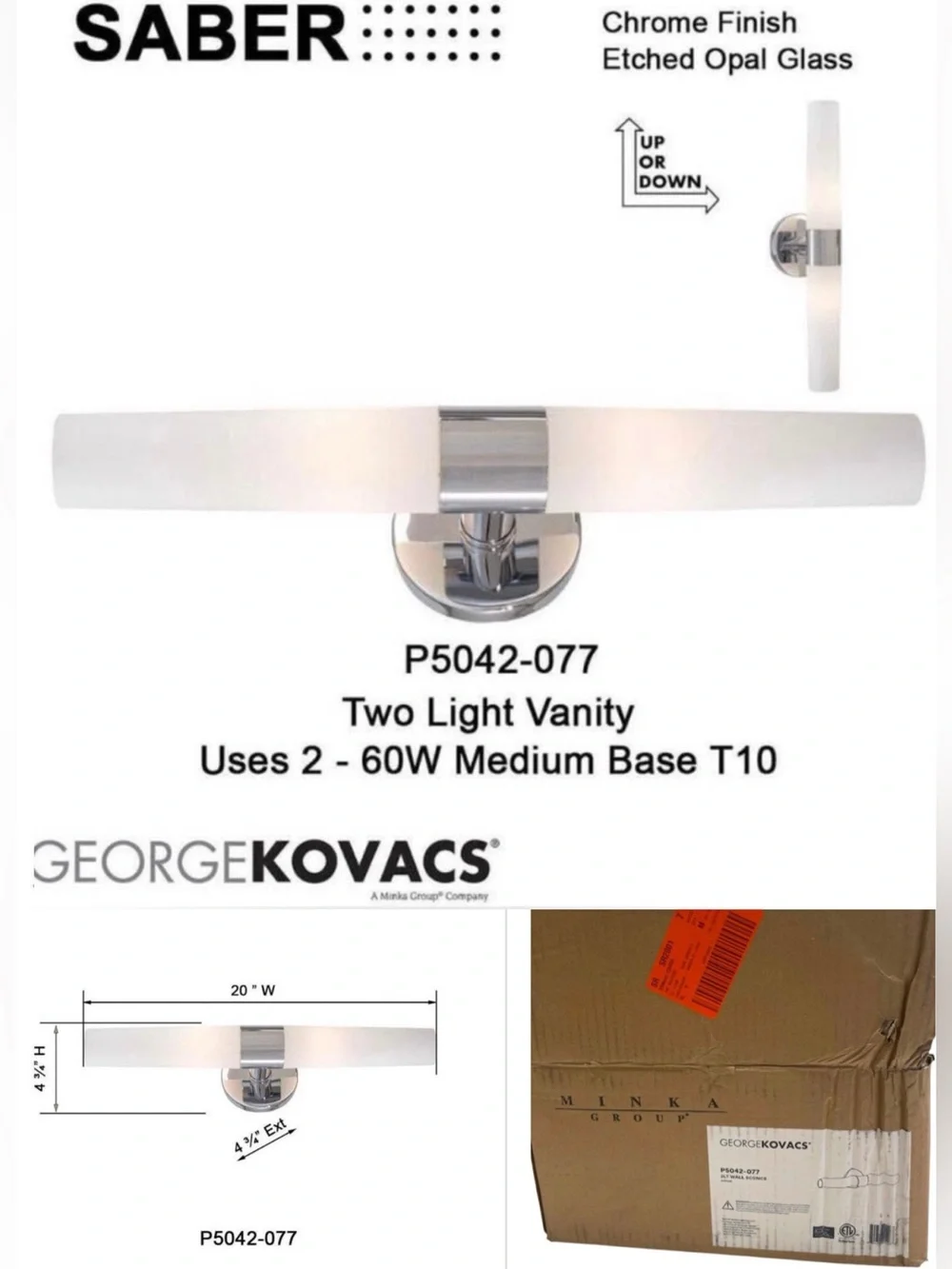 George Kovacs Saber P5042-077 Chrome 2-Light Vanity Light NIB